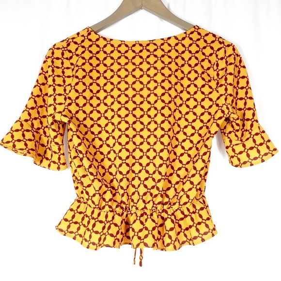 Forever 21 Geometric Print Cinch-Front Blouse with Flowy Sleeves Mustard Yellow - Picture 6 of 10